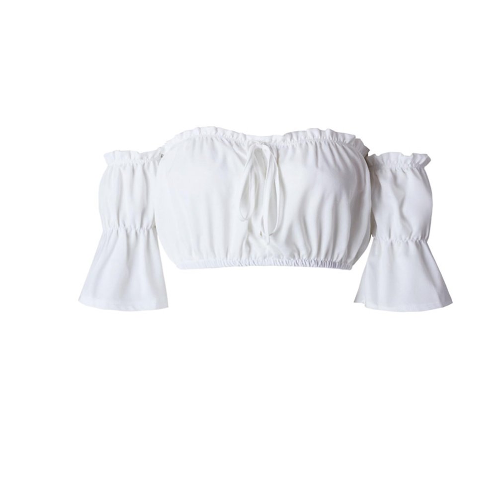 Crop Tops Women Summer Lantern Sleeve Sexy Strapless Beach Tops Red Black White Ruched Crop Top,White,XL
