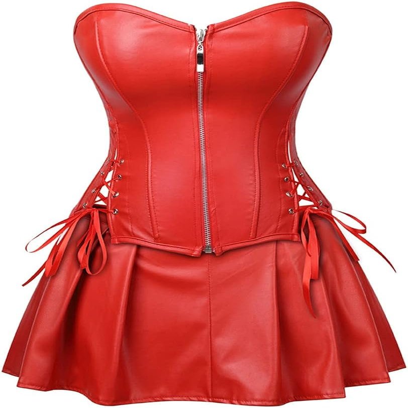 DKCHENH Women's Punk Rock Faux Leather Steampunk Corset gothic bustier skirt set costume.red bustier,7X-Large Skirt.