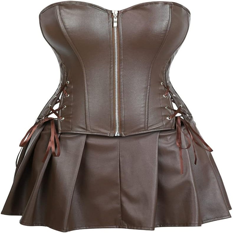 DKCHENH Women's Punk Rock Faux Leather Steampunk Corset gothic bustier skirt set costume.Brown bustier,4X-Large Skirt.