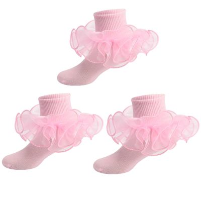 SAYOO Toddler Girls Ruffle Socks Double Lace Frilly Princess Dress Socks Cotton Anti-slip Ankle Socks for Kids Years 1-10T (W-Pink*3 Pairs, 1-3 Years)