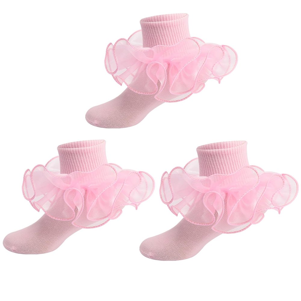 SAYOO Toddler Girls Ruffle Socks Double Lace Frilly Princess Dress Socks Cotton Anti-slip Ankle Socks for Kids Years 1-10T (W-Pink*3 Pairs, 1-3 Years)