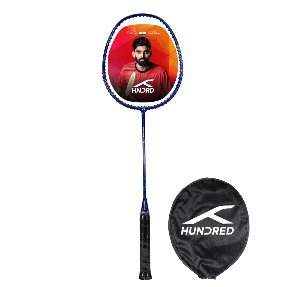 HUNDRED Powertek 200 PRO Badminton Racquet | Navy | Standard | Aluminium | Unisex | Strung | Lightweight 3.35 oz | Durable | G5 Grip | 18-20 lbs Tension | Head Cover