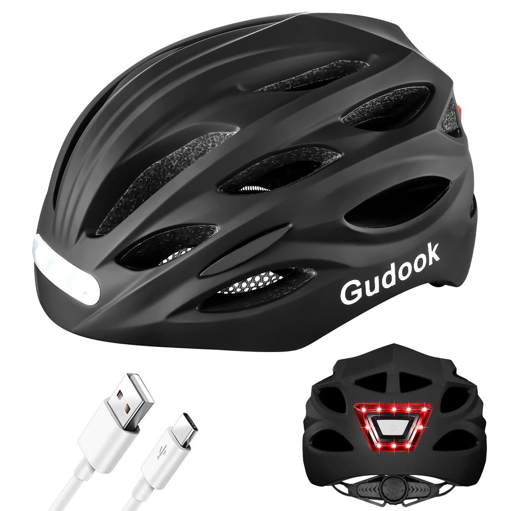Gudook Bike Helmet with LED Light: Bicycle Helmets for Men & Women & Adults with Front and Rear Lights Adjustable Cycling Helmet for Urban Commuter Mountain Road Biker