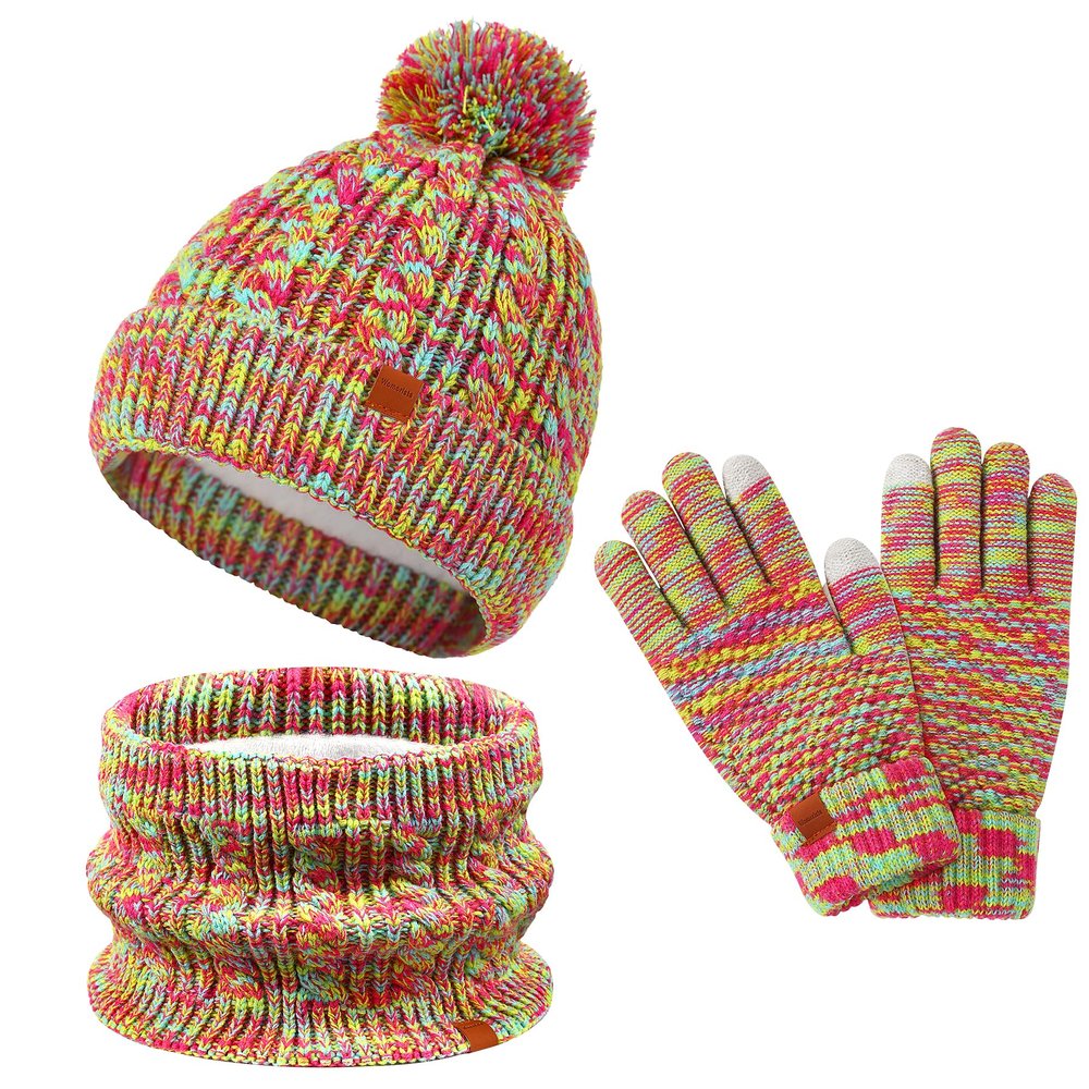 Kids Hat Scarf Gloves Set Toddler Winter Knit Beanies Neck Warmer Gaiter (Rainbow)