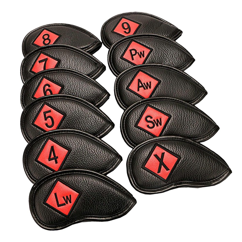 NineFit Basics Golf Iron Headcover Club Head Cover Protection Sticker Closure, Black+Red