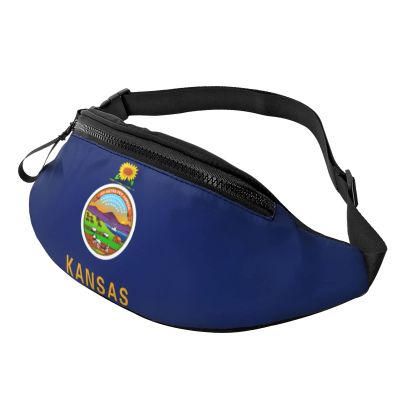 MINGSHAN Kansas Flag Fanny Pack For Men & Women,Casual Durable With Adjustable Strap & Headphone Hole For Outdoors Workout Running Hiking Cycling Traveling