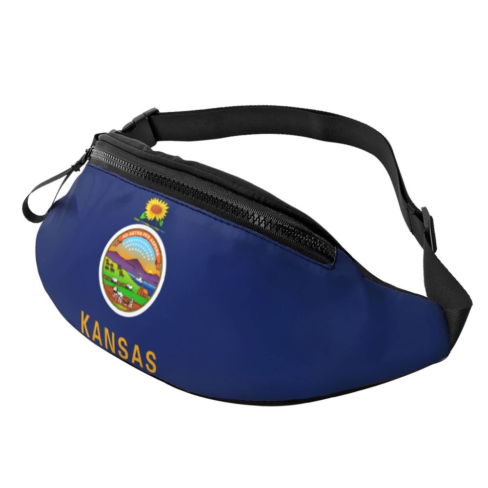 MINGSHAN Kansas Flag Fanny Pack For Men & Women,Casual Durable With Adjustable Strap & Headphone Hole For Outdoors Workout Running Hiking Cycling Traveling