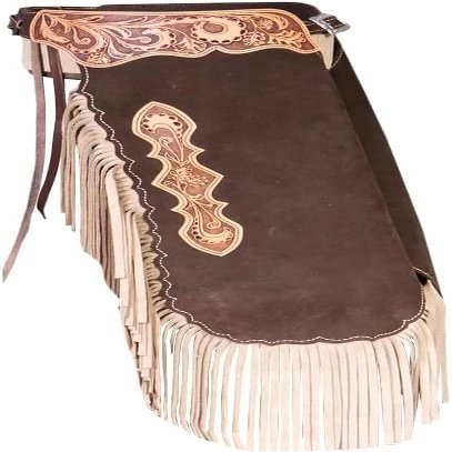 Custom Made Suede Leather Fashion Chinks with Hand Tooled Yoke Set for Men Women Kids Small Medium Large Brown LC-008 (Large)