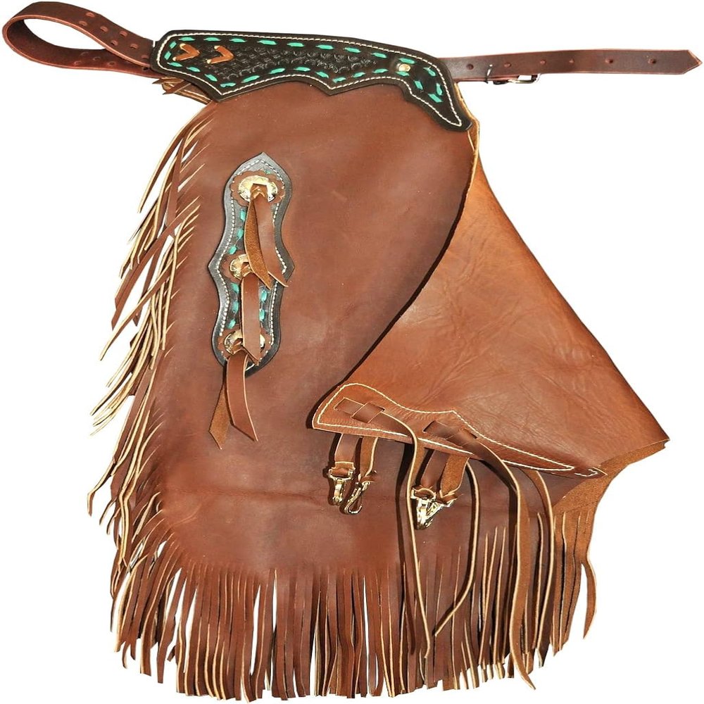 Custom Made Leather Fashion Chinks with Hand Tooled Yoke Set for Men Women Kids Small Medium Large Brown LC-009 (X-Large)