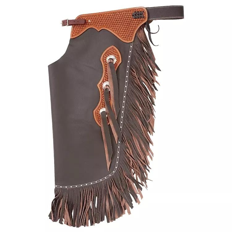 Custom Made Leather Fashion Chinks with Hand Tooled Yoke Set for Men Women Kids Small Medium Large Brown LC-008D (Medium)