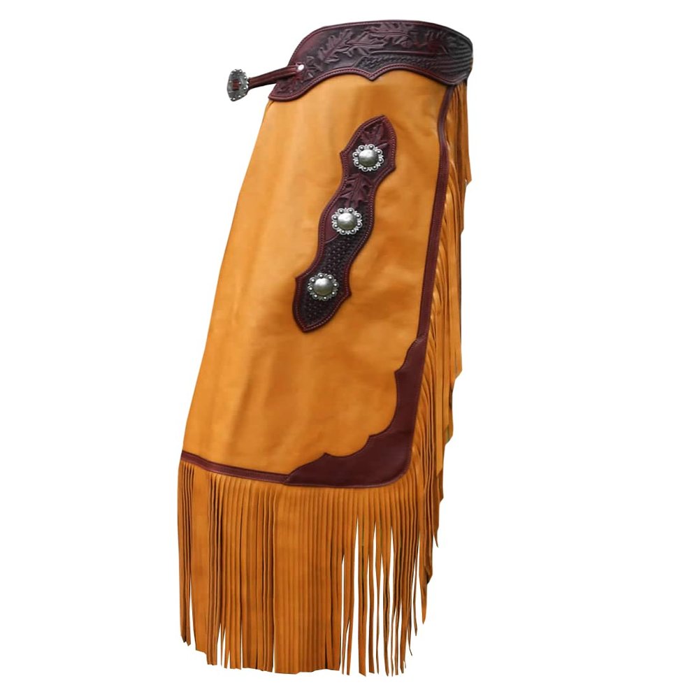Custom Made Leather Fashion Chinks with Hand Tooled Yoke Set for Men Women Kids Small Medium Large LC-045A (X-Large)