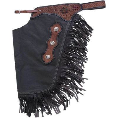 Custom Made Leather Fashion Chinks with Hand Tooled Yoke Set for Men Women Kids Small Medium Large Black LC-038 (Medium)