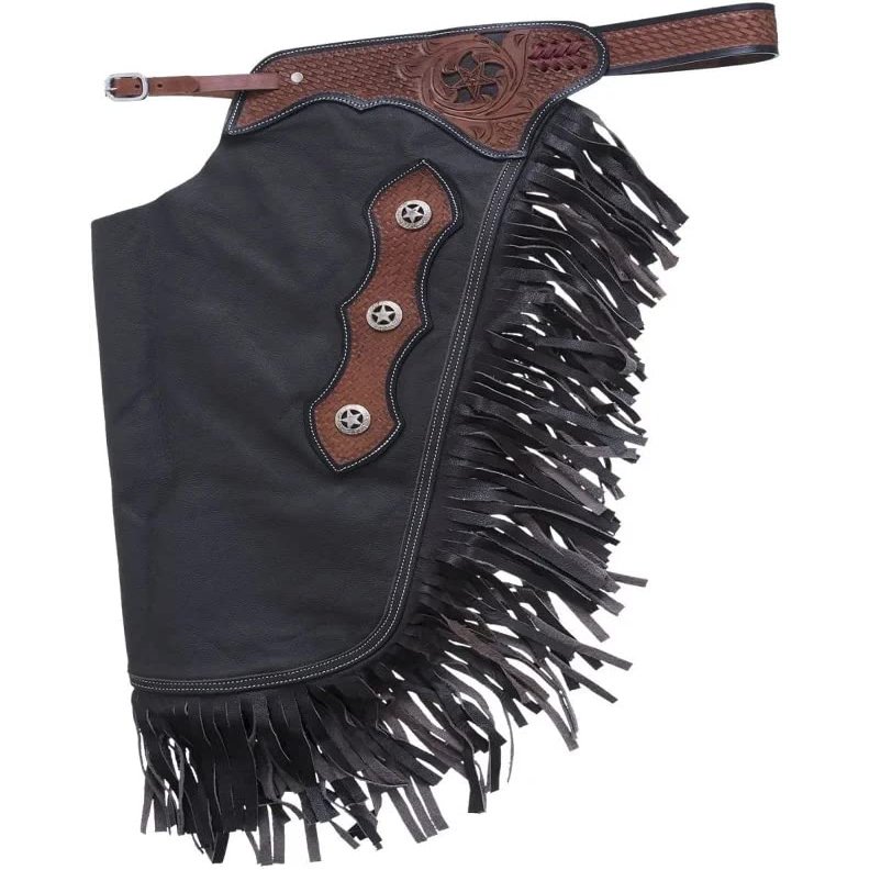 Custom Made Leather Fashion Chinks with Hand Tooled Yoke Set for Men Women Kids Small Medium Large Black LC-038 (Medium)