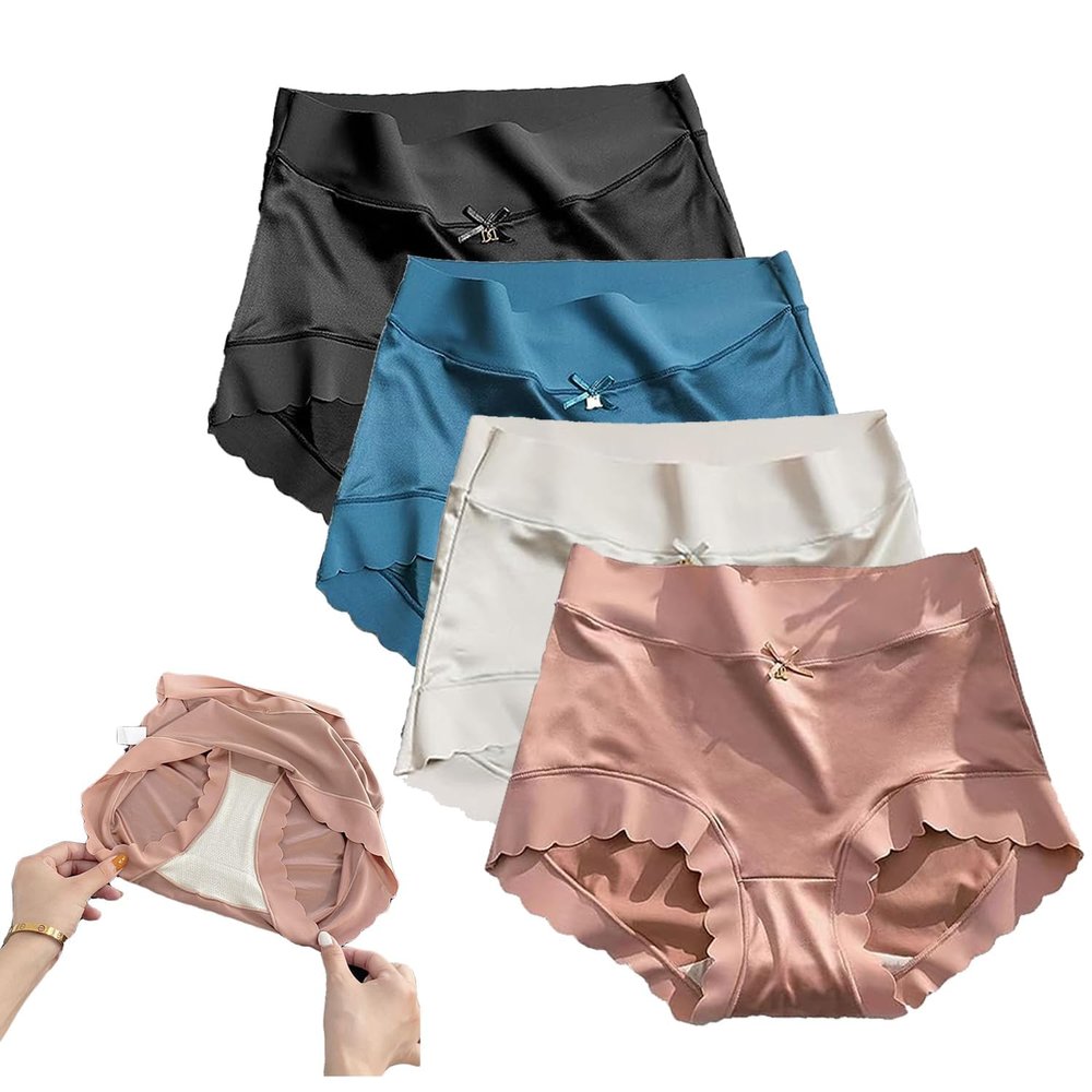 4Pcs Hygroscopic Silk Panties High Waist Seamless Hygroscopic Underwear Tummy Control (#2,X-Large)
