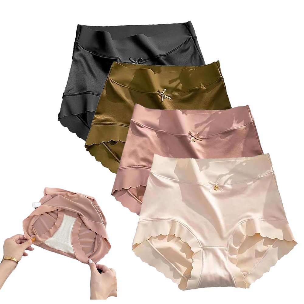 4Pcs Hygroscopic Silk Panties High Waist Seamless Hygroscopic Underwear Tummy Control (#4,Medium)