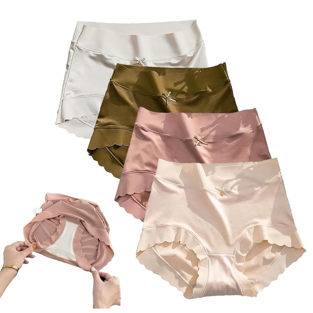 4Pcs Hygroscopic Silk Panties High Waist Seamless Hygroscopic Underwear Tummy Control (#3,Medium)