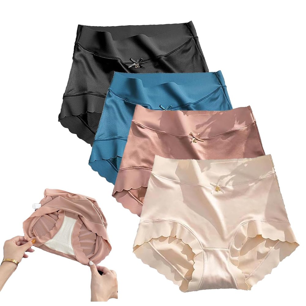 4Pcs Hygroscopic Silk Panties High Waist Seamless Hygroscopic Underwear Tummy Control (#5,Medium)