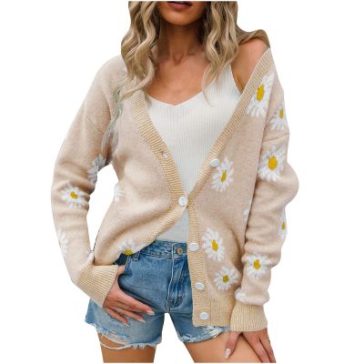 Cute Daisy Flower Cardigan Sweaters Women Teen Girls Long Sleeve Open Front Y2K Tops Fashion V Neck Knitted Outerwear