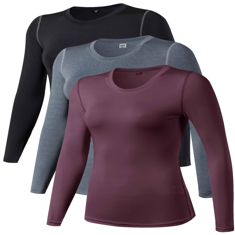 TAISIM Women's Dry Fit Compression Shirts Moisture Wicking Long Sleeve Base Layer for Workout, Running, Yoga,Cold Weather,Black,Grey,Wine red,XLarge