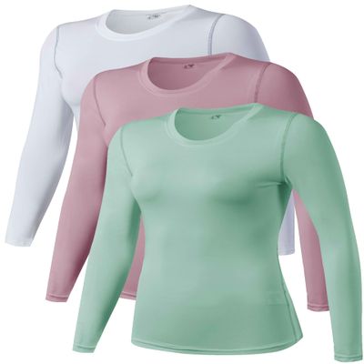 TAISIM Women's Dry Fit Compression Shirts Moisture Wicking Long Sleeve Base Layer for Workout, Running, Yoga,Cold Weather,Pink,White,Pastel Green,Medium