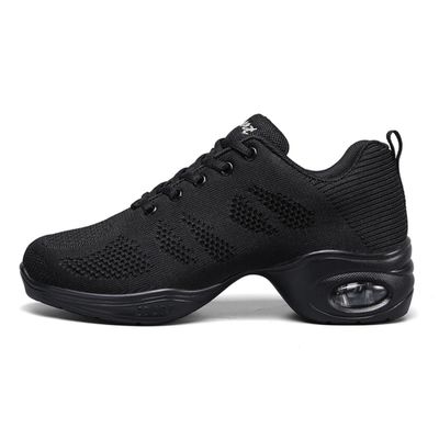 Fenlogft Women's Breathable Air Cushion Jazz Dance Shoes Lace Up Mesh Sneakers Athletic Walking Dance Thick Soled (Black,4,Big Kid)