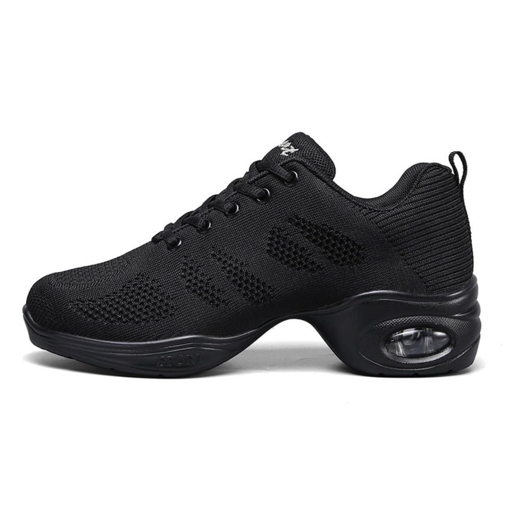 Fenlogft Women's Breathable Air Cushion Jazz Dance Shoes Lace Up Mesh Sneakers Athletic Walking Dance Thick Soled (Black,4,Big Kid)