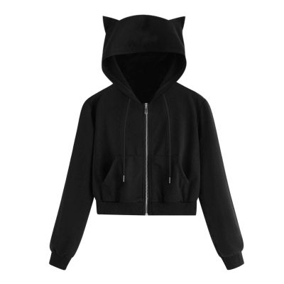 Women's Casual Crop Hoodies Cat Ear Hooded Sweatshirt Tops Y2K Clothing Solid Color Zip Up Hoodie Shirts with Pockets Soft Sweatshirts for Women A-Black