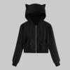 Women's Casual Crop Hoodies Cat Ear Hooded Sweatshirt Tops Y2K Clothing Solid Color Zip Up Hoodie Shirts with Pockets Soft Sweatshirts for Women A-Black view 2