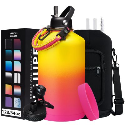 1 Gallon Insulated Water Bottle - with Straw & Auto Chug Lid, Paracord Handle, Bottle Sleeve, 128 oz Stainless Steel Water Bottle, Large Metal Gallon Water Jug Canteen for Sport Work