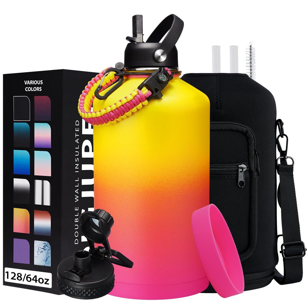 1 Gallon Insulated Water Bottle - with Straw & Auto Chug Lid, Paracord Handle, Bottle Sleeve, 128 oz Stainless Steel Water Bottle, Large Metal Gallon Water Jug Canteen for Sport Work