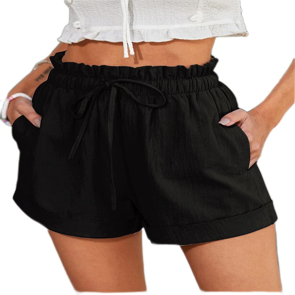 Drawstring Paperbag Waist Shorts (Color : Black, Size : X-Large)