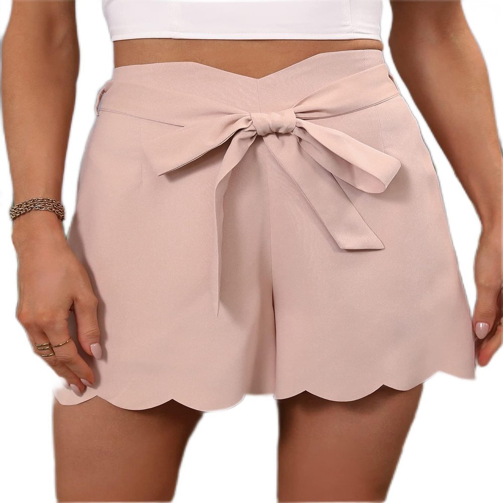 Scallop Trim Belted Shorts (Color : Pink, Size : Large)