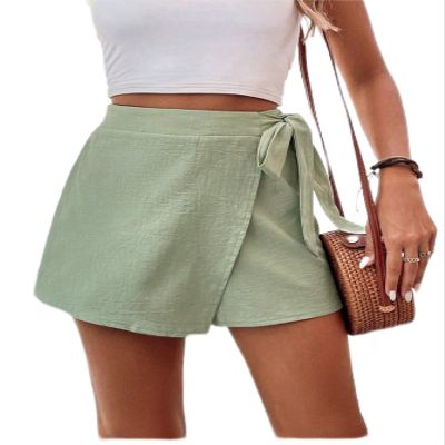 BAWUTZ Women's Solid Knot Side Wrap Skort - Casual High Waist Mini Shorts (Color : Green, Size : X-Small)