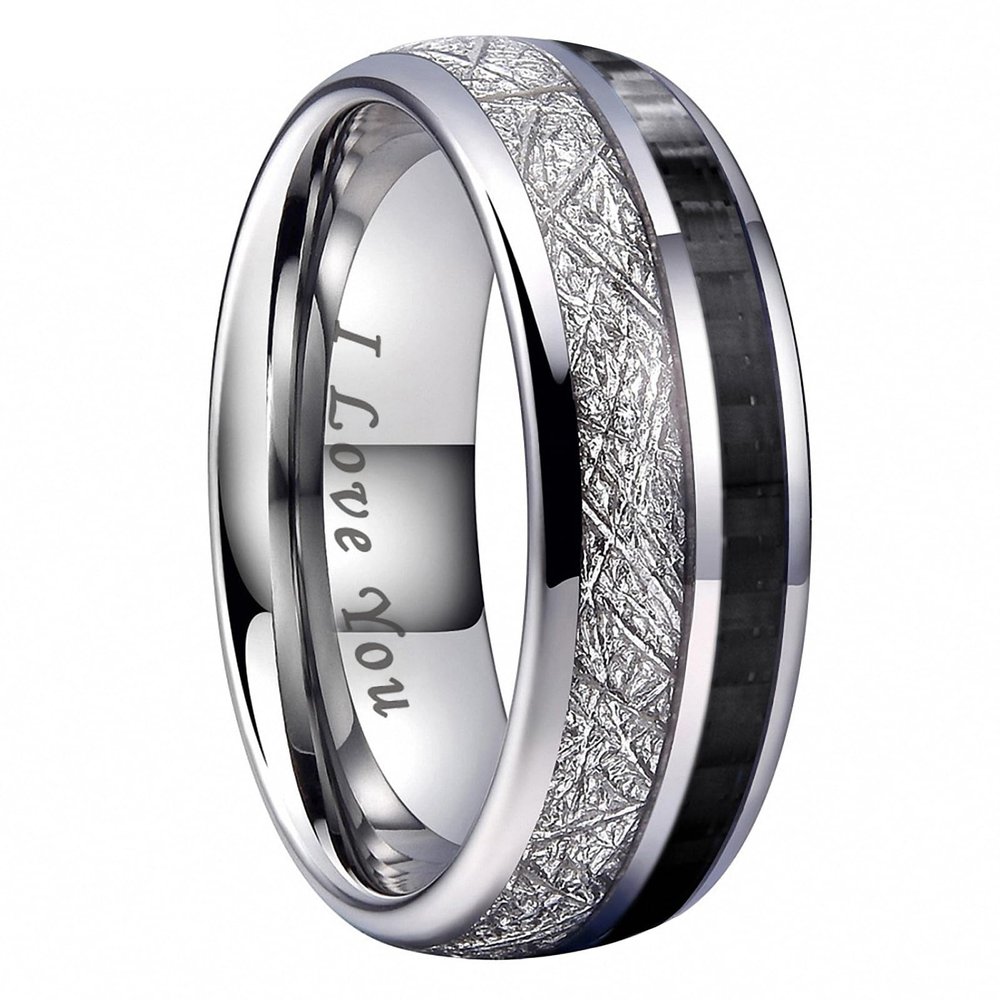 8 mm Jewelry Tungsten Carbide Ring Meteorite Carbon Fiber Inlay Men Women Wedding Band I Love You Engraved 11
