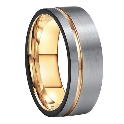 8 mm Tungsten Men's Rings Black and Rose Gold Wedding Engagement Band Brushed Finish Jewelry Grooved Ring Tc-010 10.5