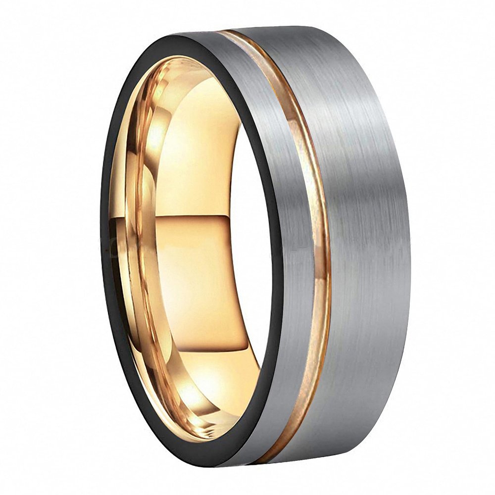 8 mm Tungsten Men's Rings Black and Rose Gold Wedding Engagement Band Brushed Finish Jewelry Grooved Ring Tc-010 10.5