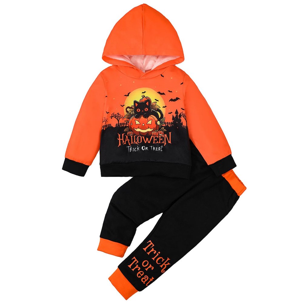 JeuaPho Kids Halloween Outfit Two Piece Pant Set Pumpkin/Skeleton Print Long Sleeve Hood Sweatshirt Long Pants 2Pcs Set (03 Orange, 6-12 Months)