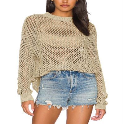 Ebifin Womens Crochet Tops Long Sleeve Beach Summer Sweater Crew Neck Mesh Cover Ups Bikini Swimsuit Tunic Pullover Tops Apricot