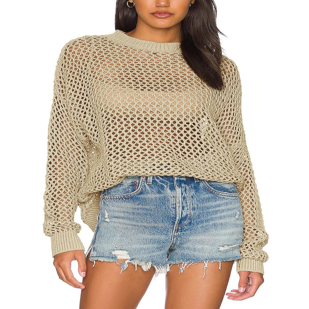 Ebifin Womens Crochet Tops Long Sleeve Beach Summer Sweater Crew Neck Mesh Cover Ups Bikini Swimsuit Tunic Pullover Tops Apricot