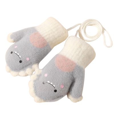 Kids Toddler Mittens with String Cartoon Winter Knit Warm Fleece Lined Snow Gloves for Baby Girls Boys (Grey, One Size)