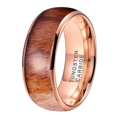 8 mm Rose Gold Tungsten Carbide Ring Wedding Band Wood Inlay I Love You Engraved Domed Comfort Fit Tungsten Engraved 8.5