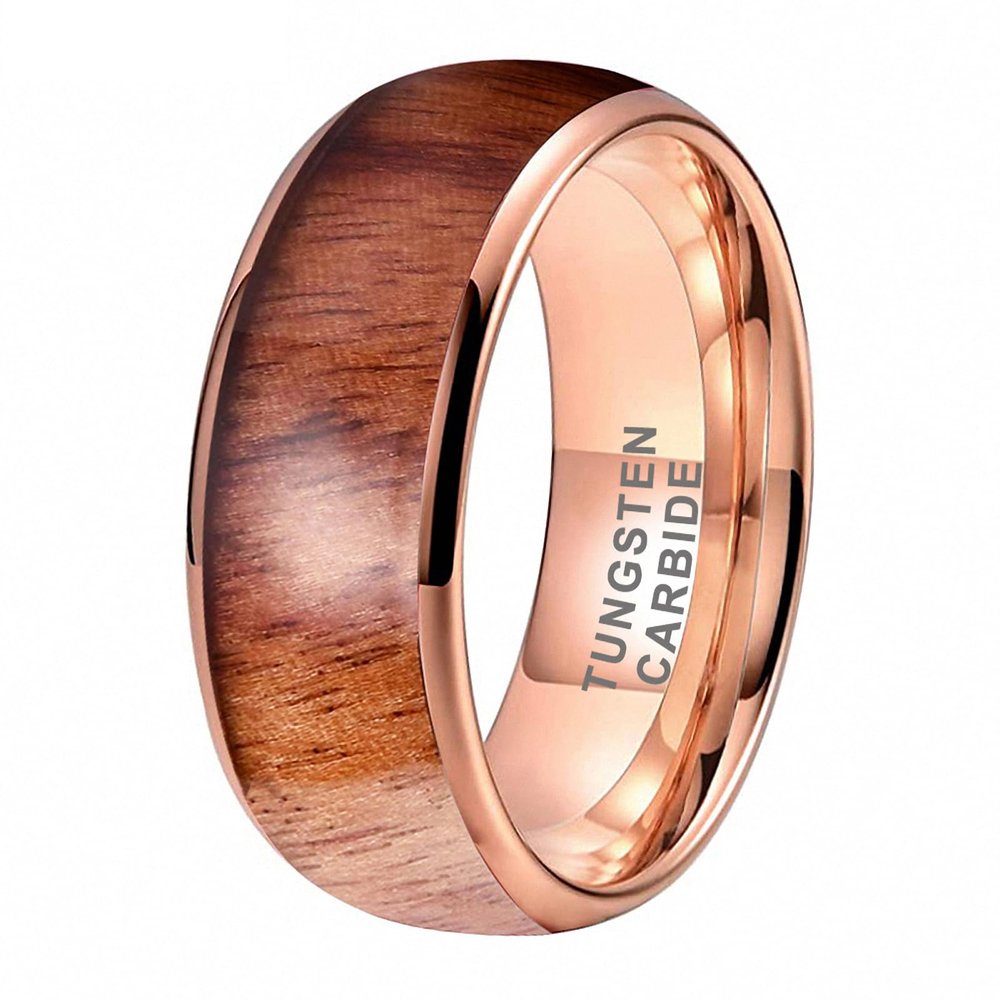 8 mm Rose Gold Tungsten Carbide Ring Wedding Band Wood Inlay I Love You Engraved Domed Comfort Fit Tungsten Engraved 8.5