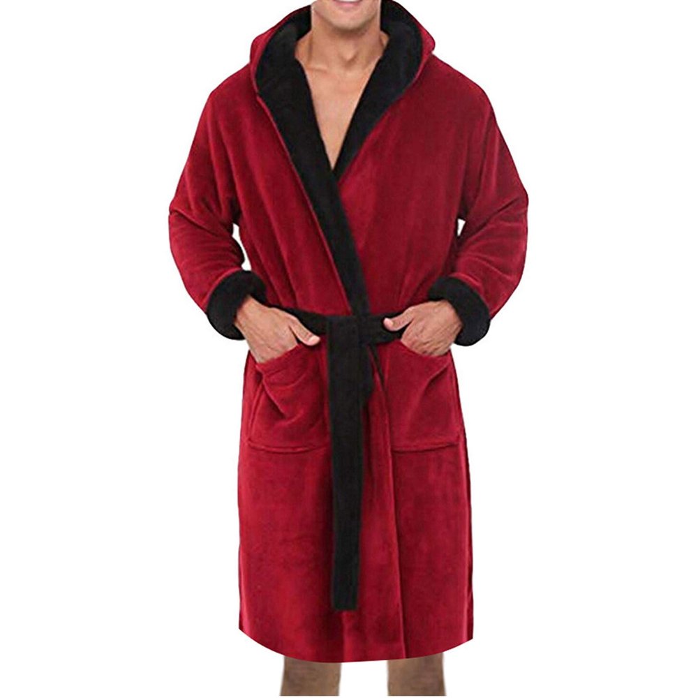 Mens Big and Tall Soft Plush Fleece Hooded Robe Shawl Collar Kimono Bathrobe Cozy Warm Flannel Fleece Sherpa Spa Robes House Coat Pajamas Sleepwear Red