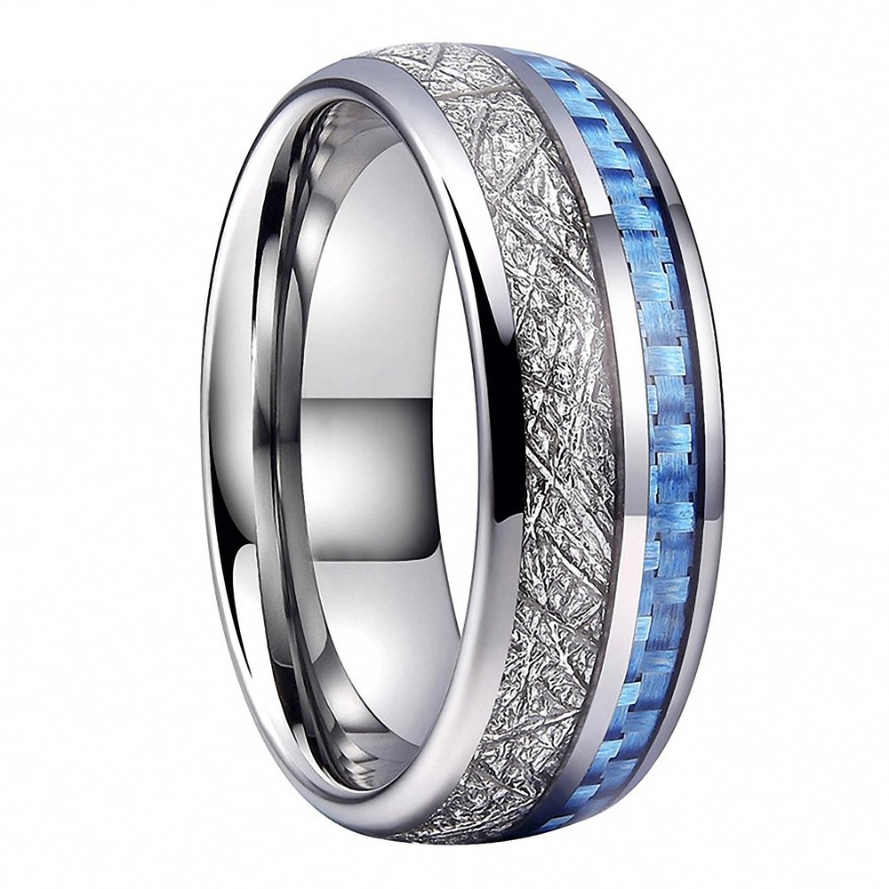 8 mm Tungsten Carbide Ring for Men Women Wedding Band Light Blue Carbon Fiber Meteorite Inlay Polished Shiny Comfort Fit