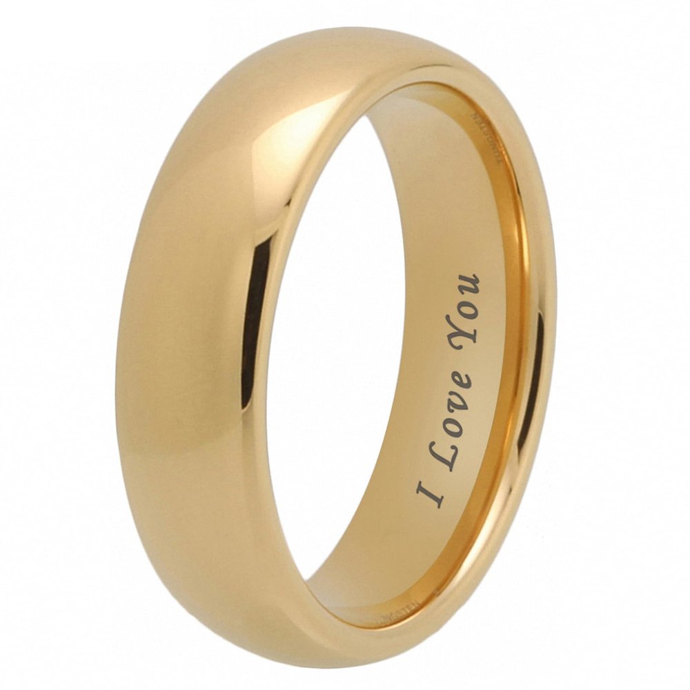 6 mm Gold Tungsten Steel Wedding Band Men Women Engagement Ring Domed Polished Comfort Fit I Love You Engraved 9