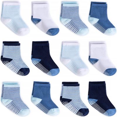 ZAPLES Baby Boys Non Slip Grip Crew Socks with Anti Skid Soles for Infants Toddlers Kids, Blue Stripes 12 Pairs, 12-36 Months