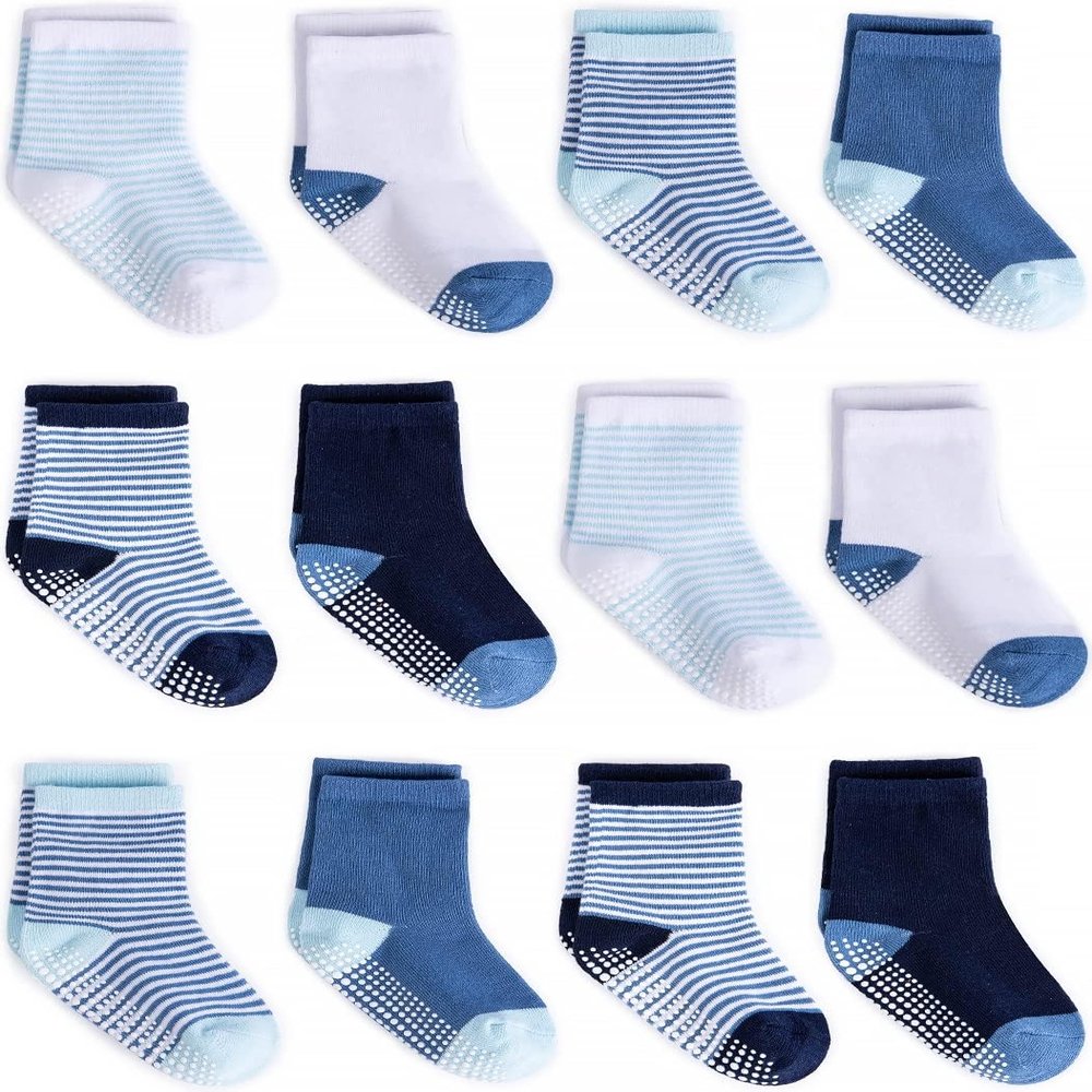 ZAPLES Baby Boys Non Slip Grip Crew Socks with Anti Skid Soles for Infants Toddlers Kids, Blue Stripes 12 Pairs, 12-36 Months