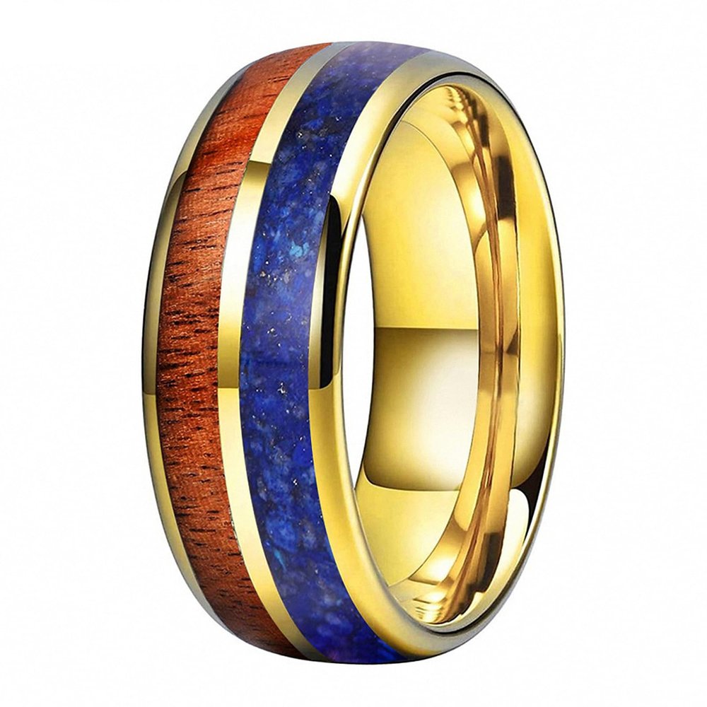 8 mm Men Women Gold Promise Jewelry Tungsten Carbide Rings with Wood Lapis Lazuli Inlay Domed Band Comfort Fit