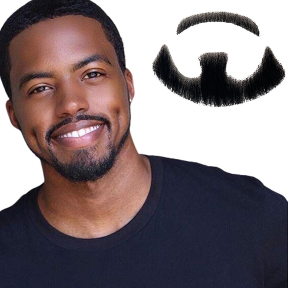 Voloria Fake Beard Realistic Human Hair Full Hand Tied Facial Hair False Beards Lace Invisible Fake FaceMustache for Party Movie Makeup Halloween Cosplay Costume Party (Style-3, Black)