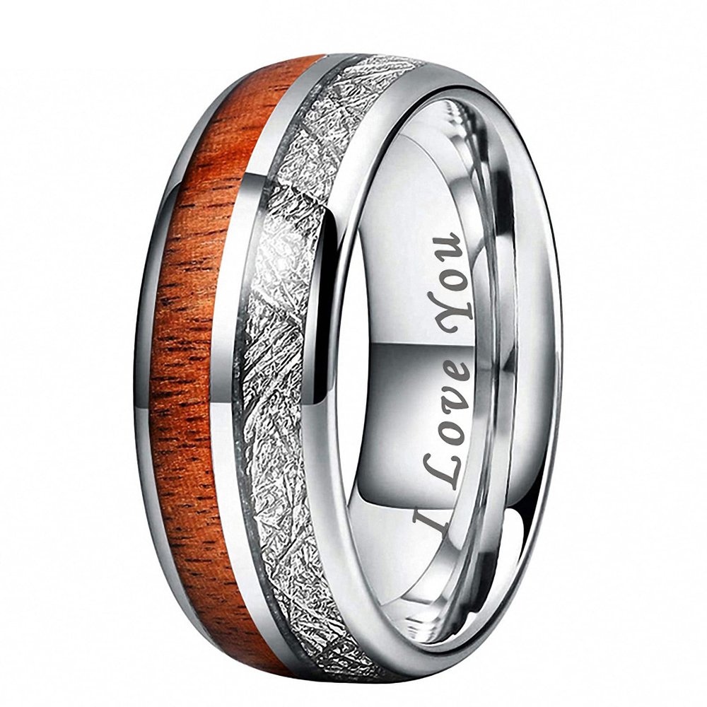 8 mm Jewelry Men Women Tungsten Carbide Ring for Wood Meteorite Inlay Wedding Band Comfort Fit I Love You Engraved 5.5